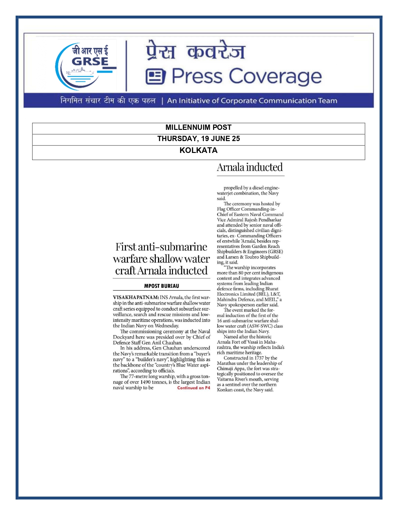 Press Coverage : CMD,GRSE conferred on CMA's Management Excellence Award 2025  